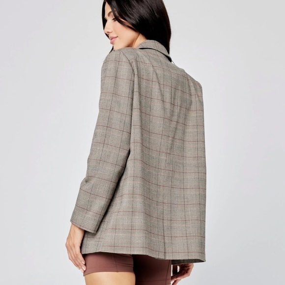 L *Space + Tessa Brooks Academia Preppy Corpcore Plaid Print Nadia Blazer Brown - Picture 5 of 6